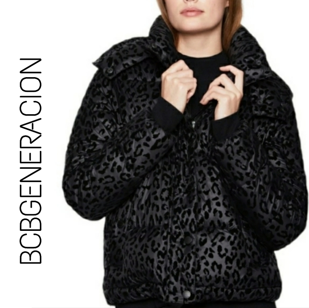 BCBG Generation Hooded Midweight Puffer Animal-print Jacket S